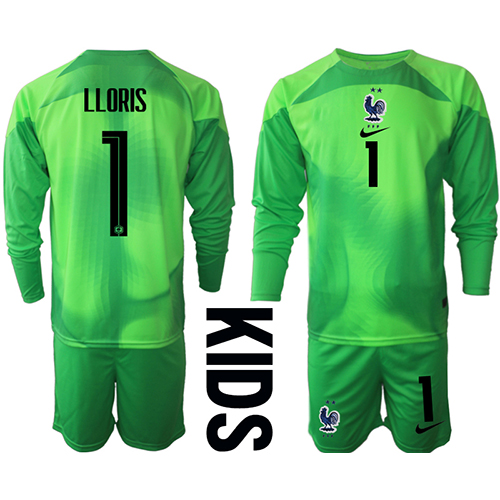 Dres Francuska Hugo Lloris #1 Golmanski Gostujuci za djecu SP 2022 Dugi Rukav (+ kratke hlače)